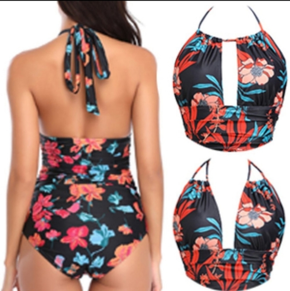 B2Prity one piece monokini halter tummy control swimsuit - XL - black floral - Picture 2 of 11